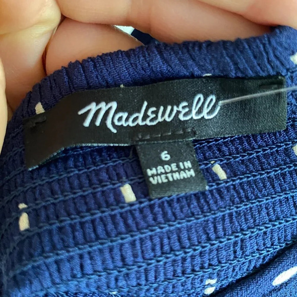 MADEWELL Blue and Cream Polka Dot Ruffle-Strap Button-Front Mini Dress Size 6 - Picture 13 of 14